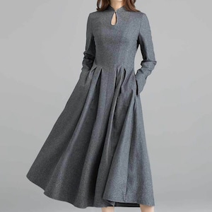 Vintage Inspired Winter Wool Dress Women, Mandarin Collar Wool Dress, A-Line Green Wool Dress, Retro Swing Long Dress, Xiaolizi 1621 2-grey