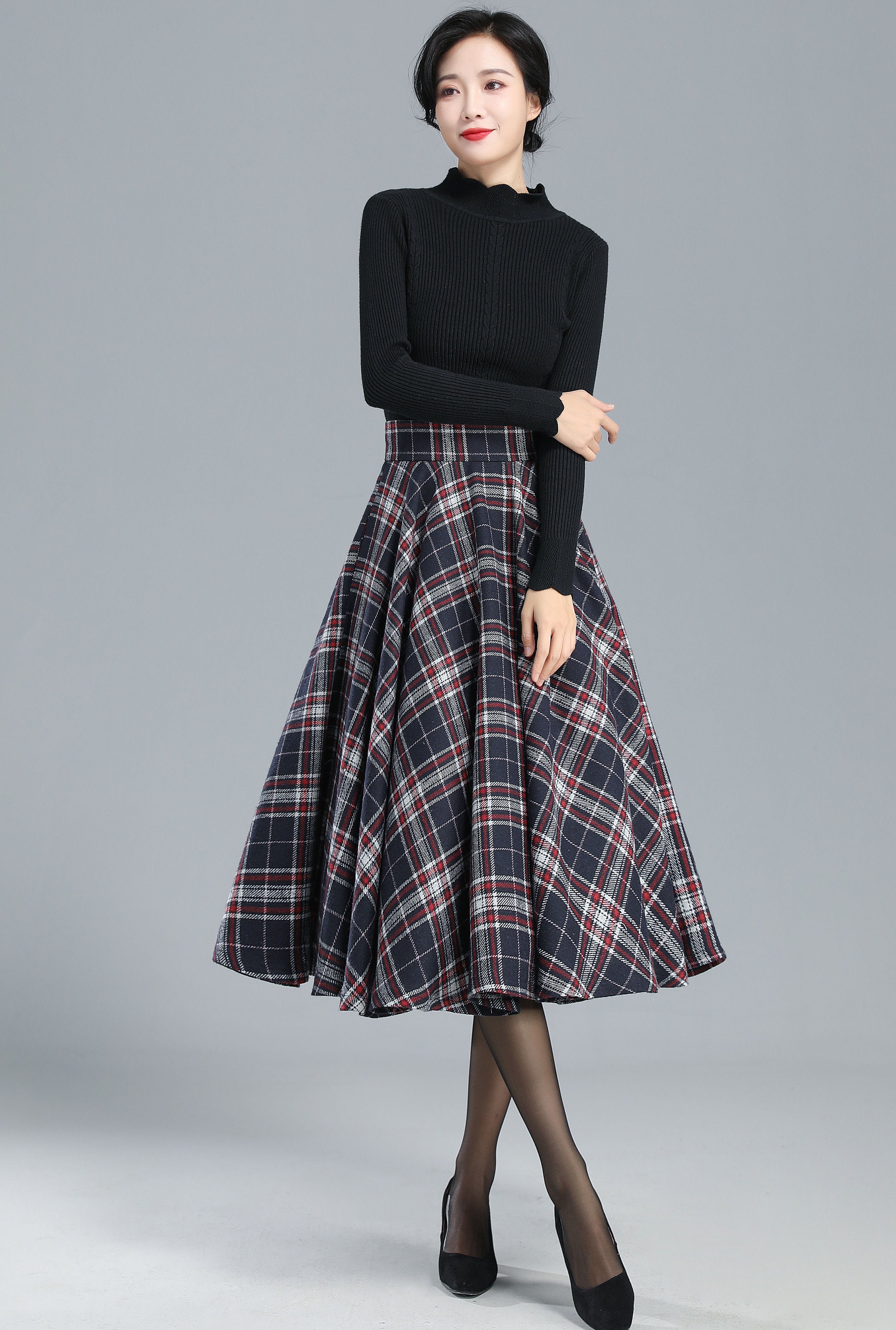 Midi Wool Plaid Skirt Wool Circle Skirt Swing Full Skirt | Etsy