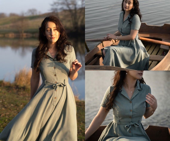 Green Midi Linen Shirtwaist Fit and Flare Swing Dress 3450# Green Midi Linen Shirtwaist Fit and Flare Swing Dress 3450#