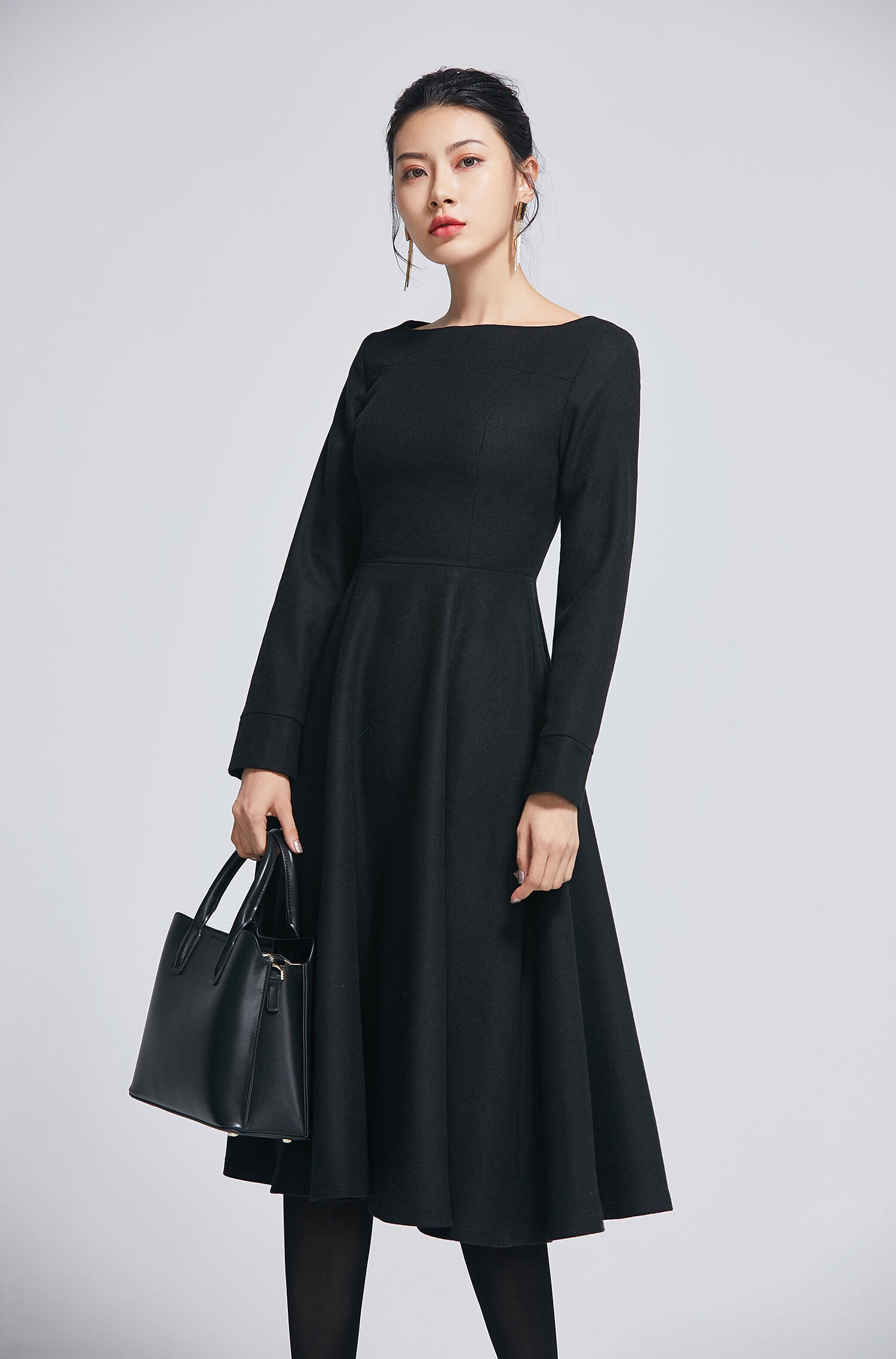 Little Black Dress, Wool Dress, Winter Dress for Women, Long Wool Dress — free download