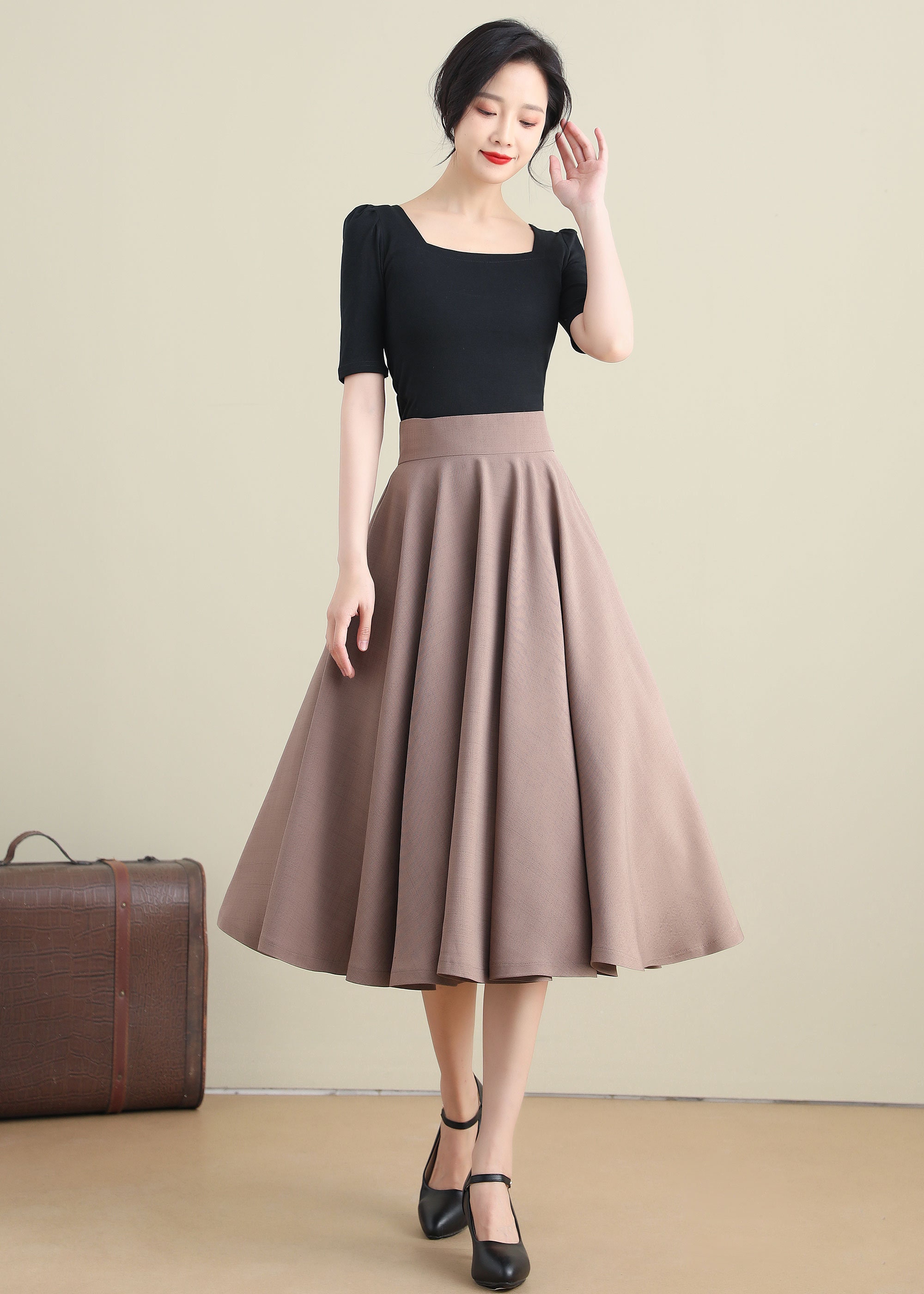 Khaki Swing Linen Skirt, A Line Full Skirt, High Waist Flared
