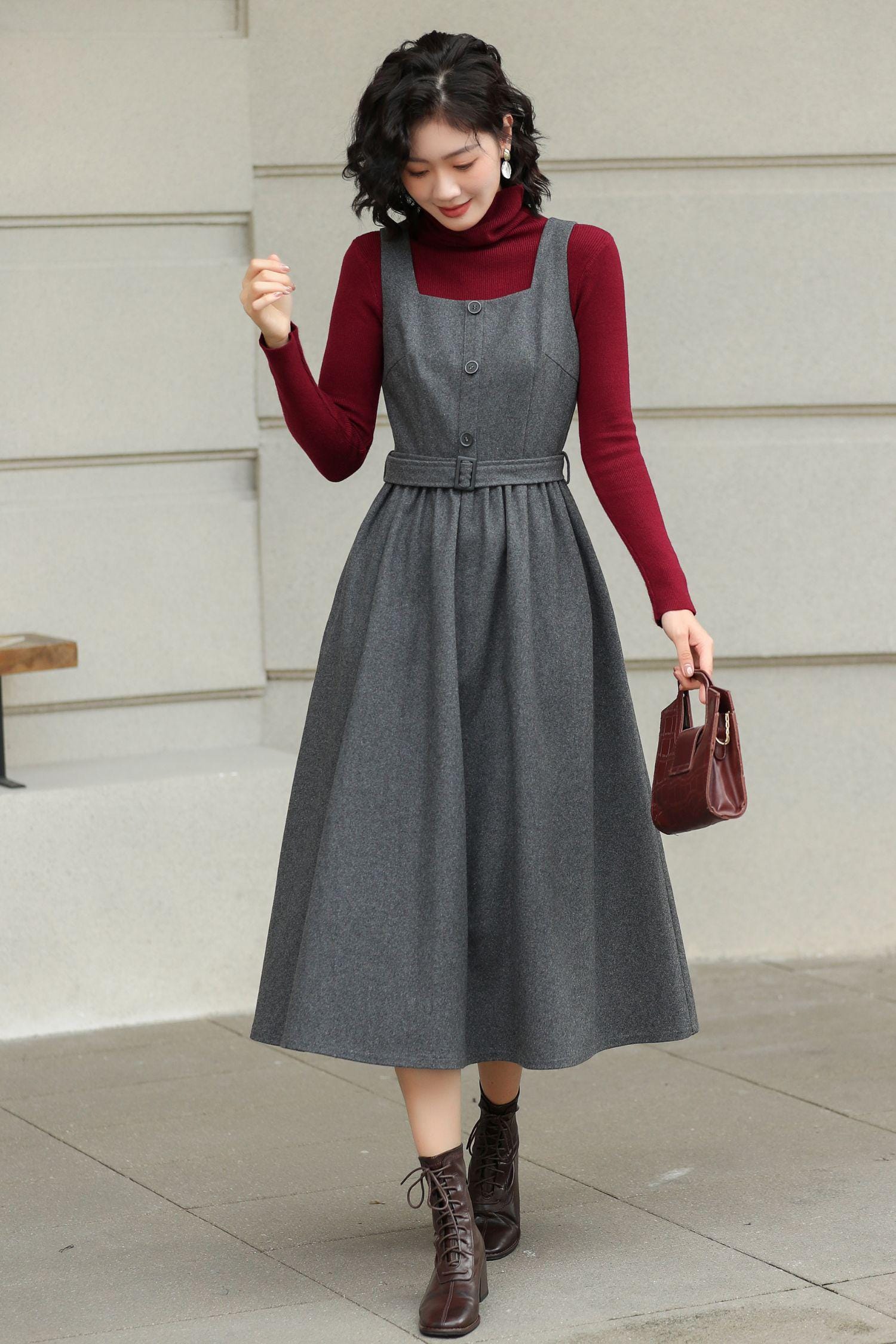 Grey Wool-blend Pinafore Dress: Women A-line Midi Jumper With Belt
