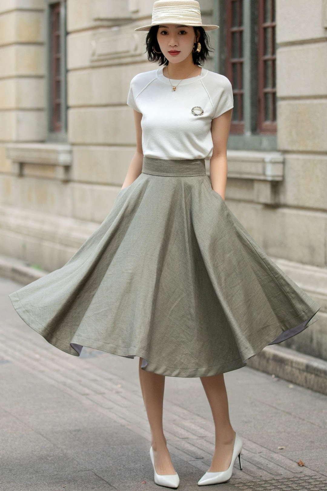 Army Green Linen Skirt, Swing Circle Skirt, High-waisted Midi
