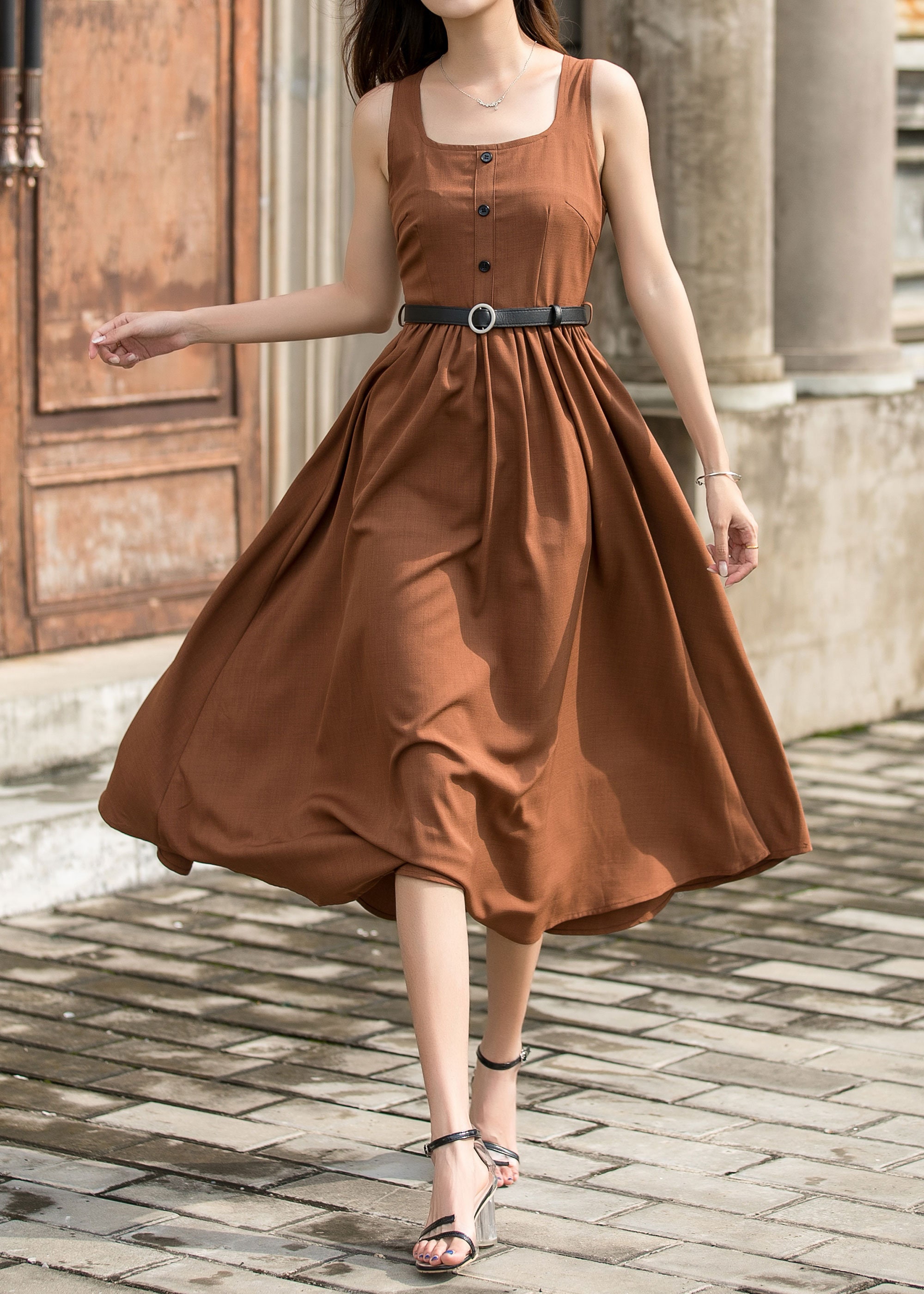 Brown Midi Pinafore Dress, Button up Dress, Women's Summer