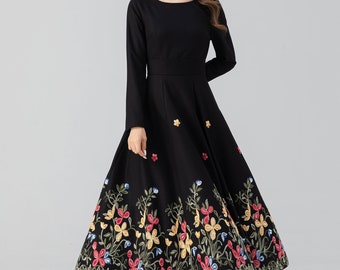 堅実な究極の Black Dress, Wool Midi Embroidered Wool Sleeve Long Dress, ルアー・フライ