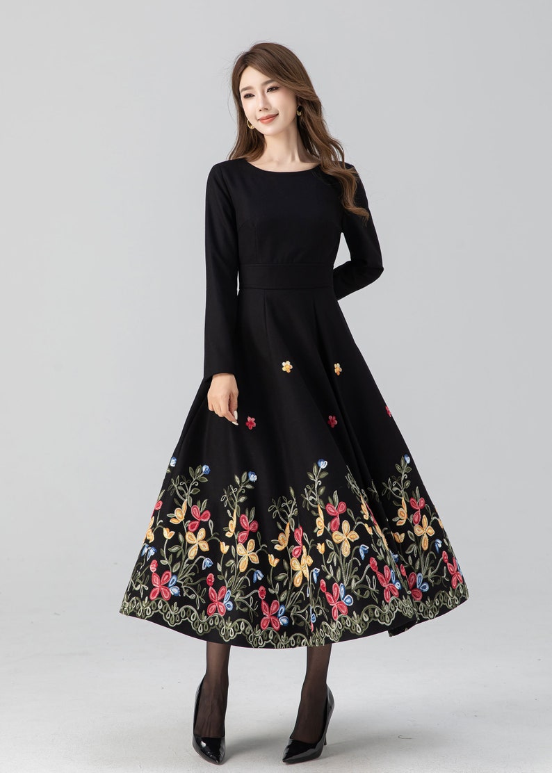 Midi wool dress, Black embroidered dress, Long sleeve wool dress, Fit and flare dress, Swing winter dress, Custom dress, Xiaolizi 4663 image 4