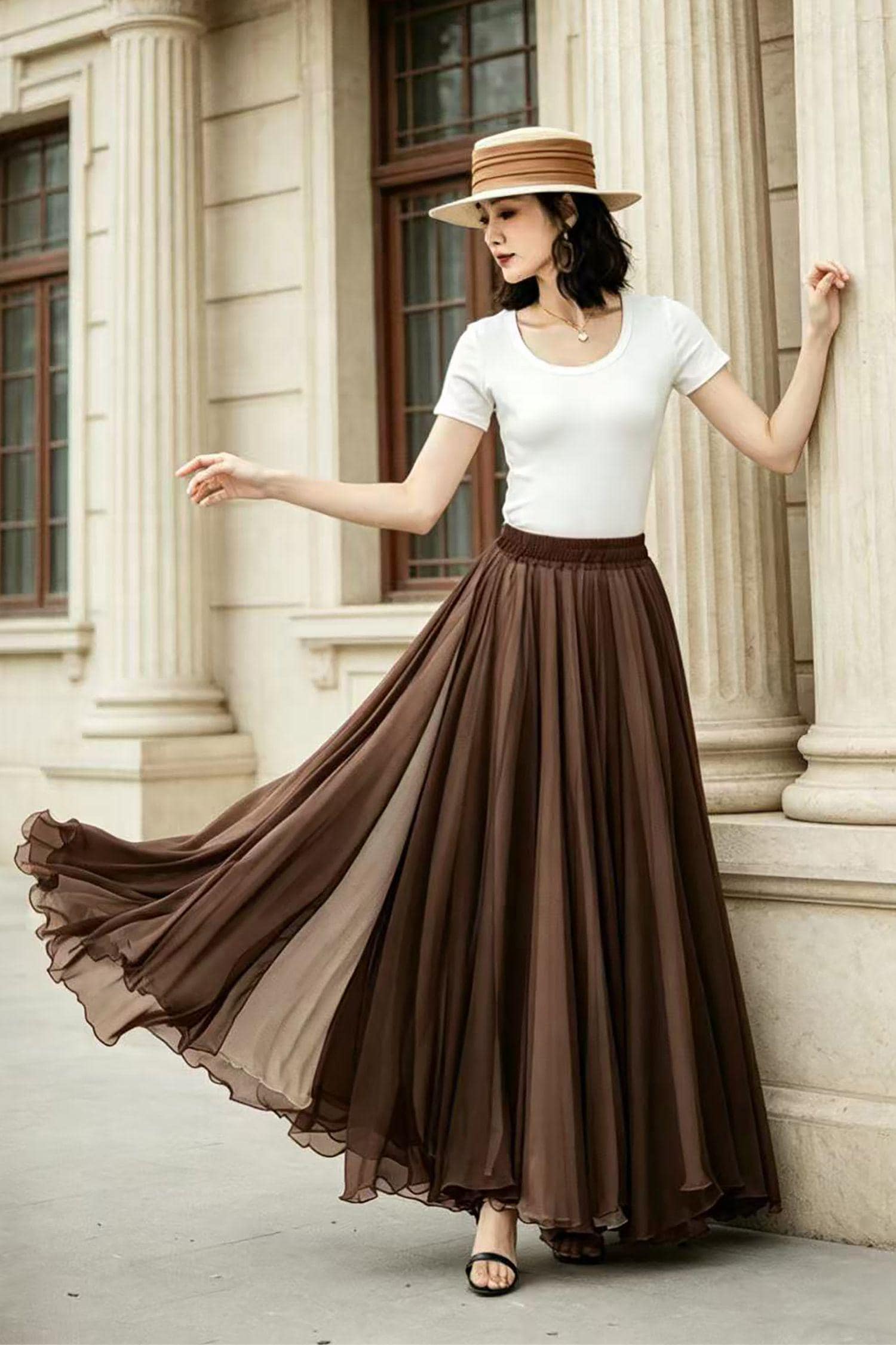 Brown Chiffon Maxi Skirt, Reversible Two Way Full Circle Skirt