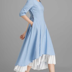 Linen dress, High Low Midi dress, Blue dress, Womens dresses, Swing dress with pockets, A Line party dress, Casual dress, House dress 2360 image 5