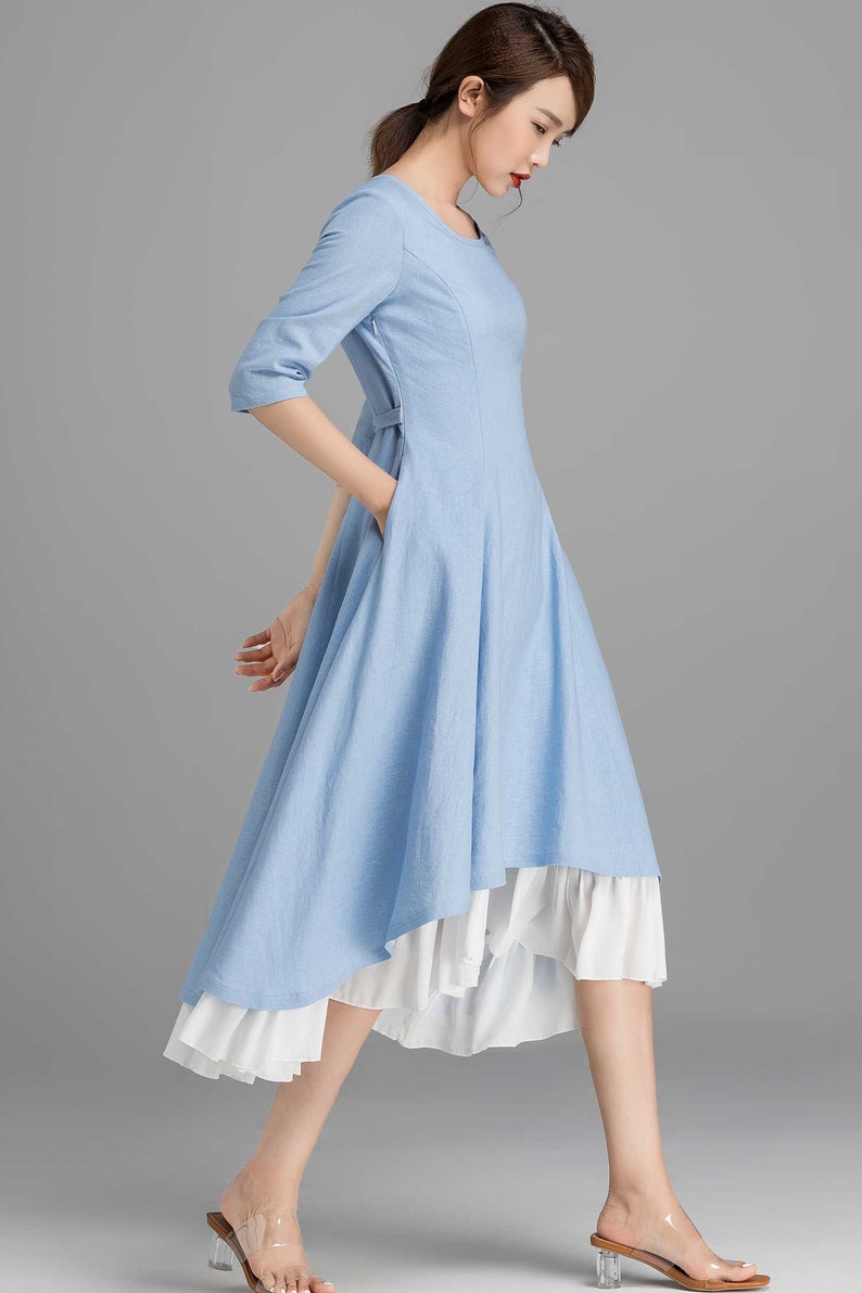 Linen dress, High Low Midi dress, Blue dress, Womens dresses, Swing dress with pockets, A Line party dress, Casual dress, House dress 2360 image 5
