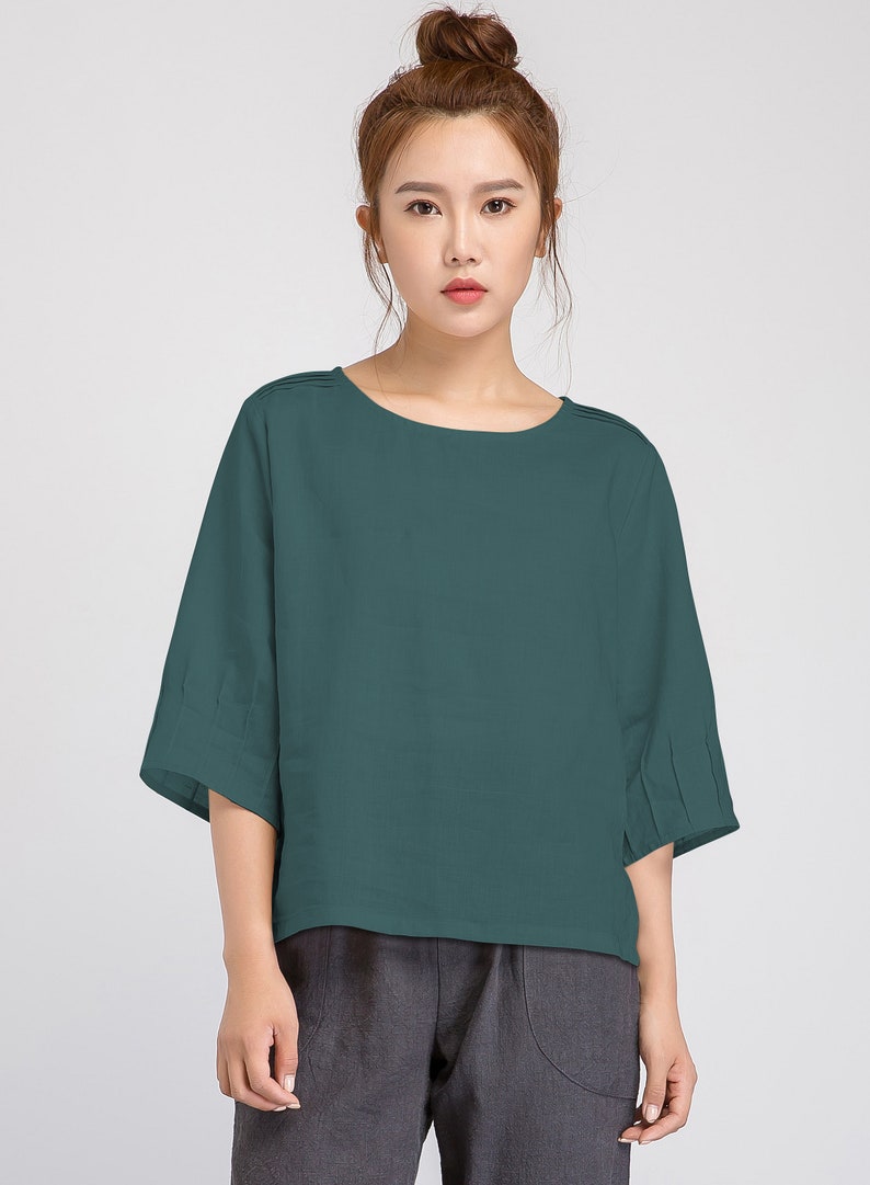 Blouse en lin ample, haut en lin blanc, chemise en lin grande taille, haut d'été pour femme, haut surdimensionné, haut en lin pour femme 77711 green-3352