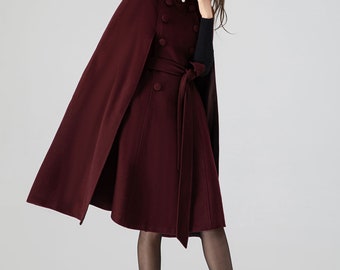 Burgundy Swing Cloak Coat, Winter Wool Cape Coat Women, Long