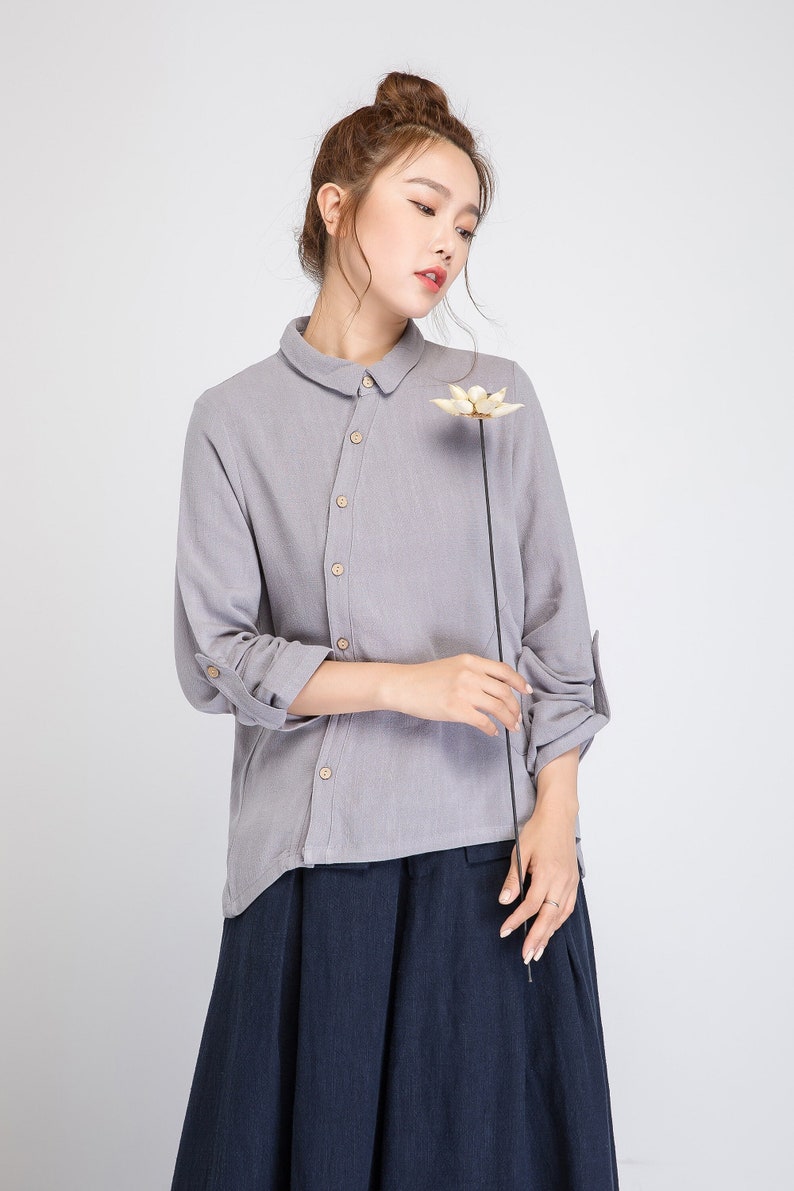 Long sleeve Linen shirt, Linen collared shirt, gray tunic shirt, womens Linen shirt, button up shirt, long sleeves top, linen blouse 1921 image 1