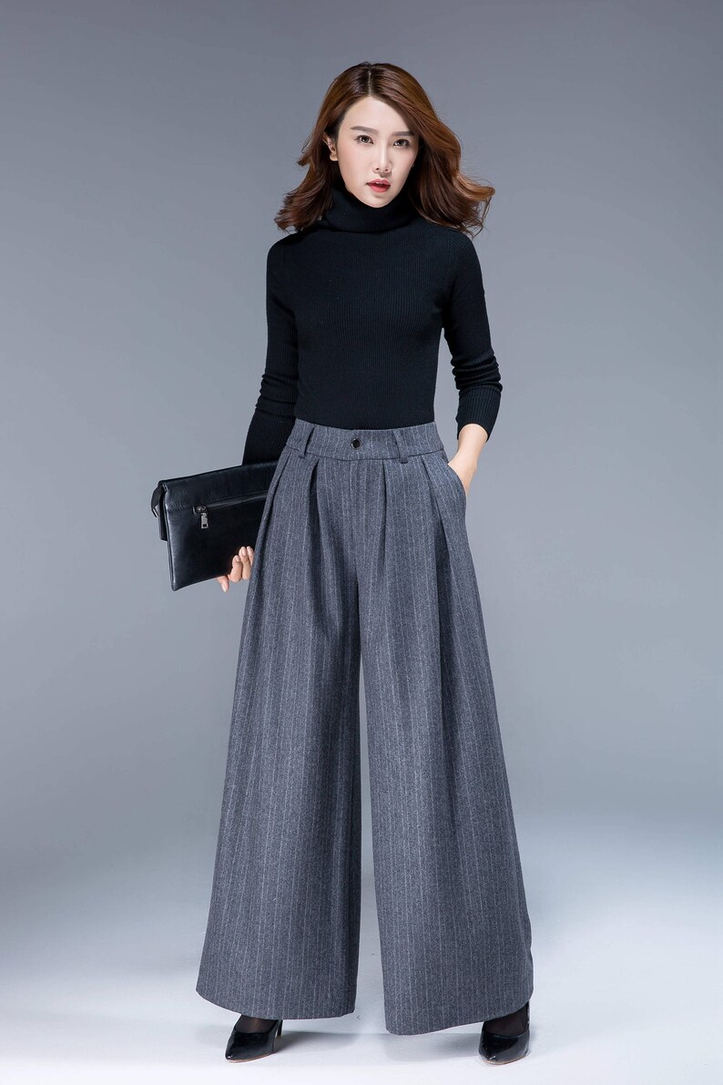 Wool pants women wide leg pants loose pants gray pant maxi | Etsy