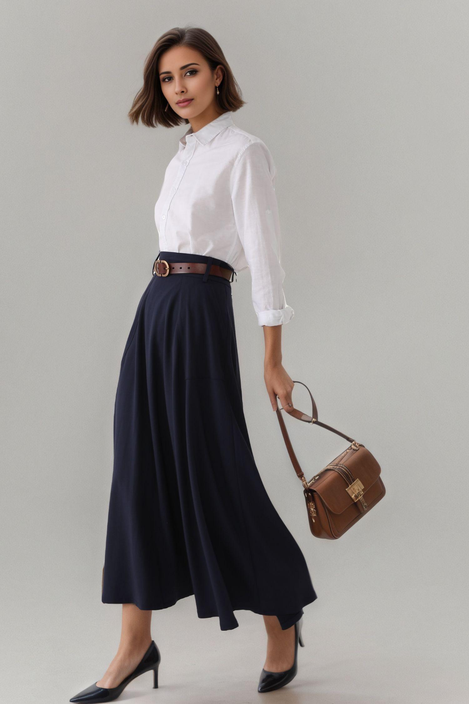 Navy Blue Cotton Blend Midi Skirt: A-line Fall Work Skirt, Custom