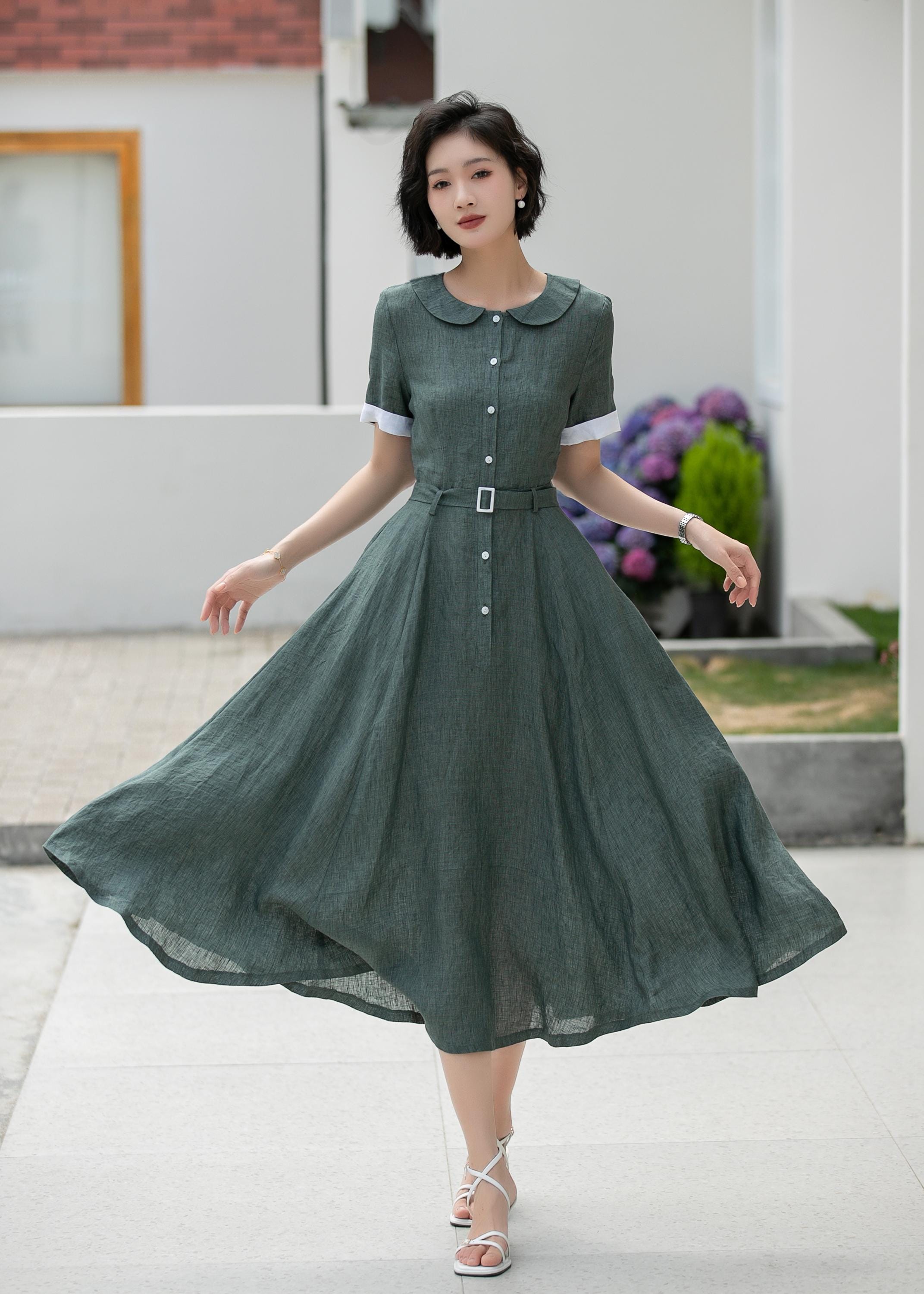 Dark Green Linen Dress, Midi Shirt Dress, Fit and flare Linen Dress, Swing Long Linen Dress, Womens Summer Spring Linen Dress, Xiaolizi 5988