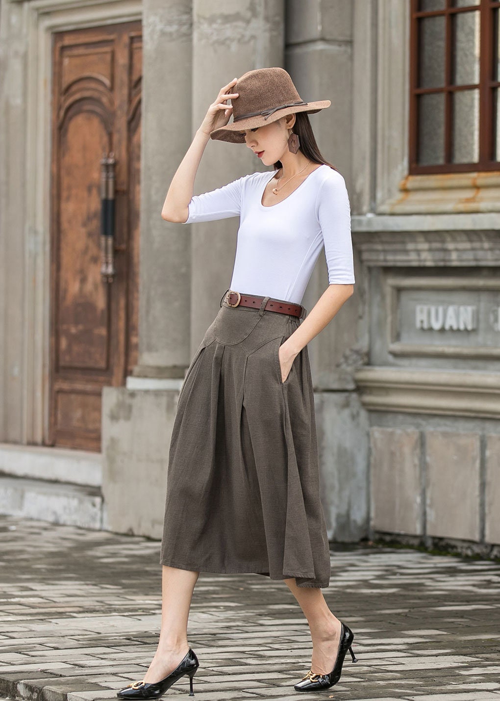 Linen Midi Skirt, Brown A Line Skirt Women, High Waist Skirt