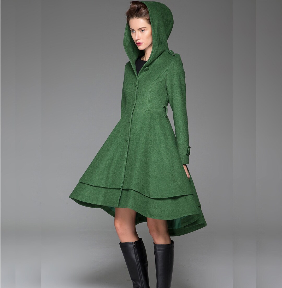 Green Hooded Wool Coat Women, Long Wool Trench Coat, Fit and Flare Wool ...