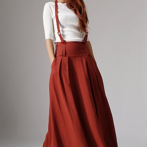 Linen Suspender Skirt Women, High Waisted Maxi Skirt with Pockets, Red Skirt, Custom Made Skirt, Casual Linen Skirt, Summer Fall Skirt 1035 image 2