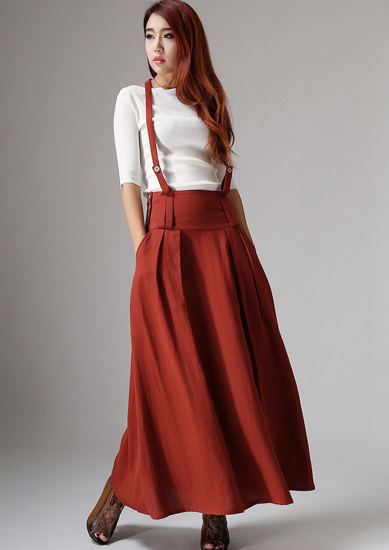 Linen Suspender Skirt Women, High Waisted Maxi Skirt with Pockets, Red Skirt, Custom Made Skirt, Casual Linen Skirt, Summer Fall Skirt 1035 image 2