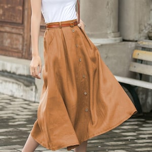 Office Wear, Linen skirt, Midi skirt, Green Button front Skirt, Womens midi skirt, A-Line Skirt, Plus size Skirt with Pockets, Xiaolizi 3697 Caramel brown