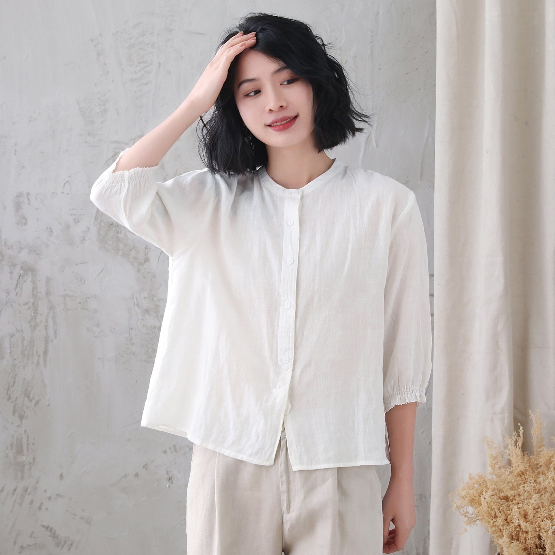 Top Femme Manches Longues En V Col En Coton Lin - Taille Asiatique (prend Petit)