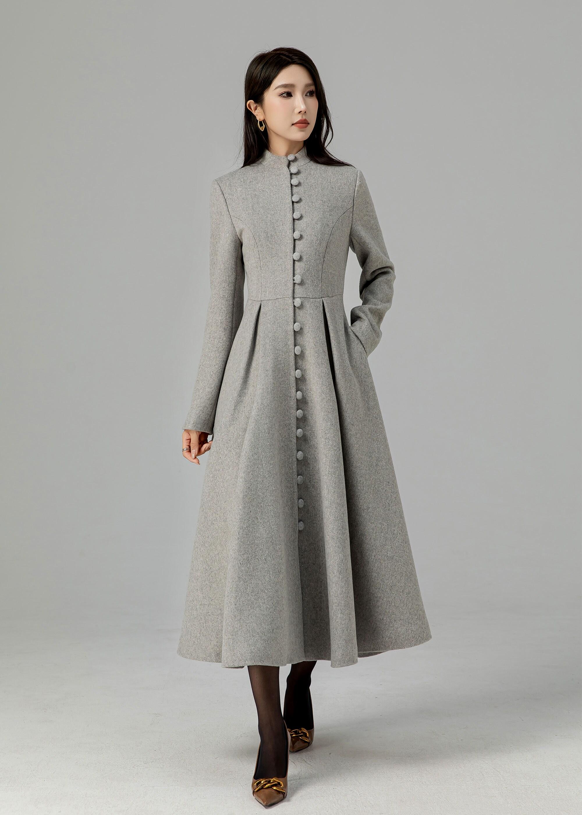 Long Wool Coat, Grey Wool Coat, Single Breasted Wool Coat, A