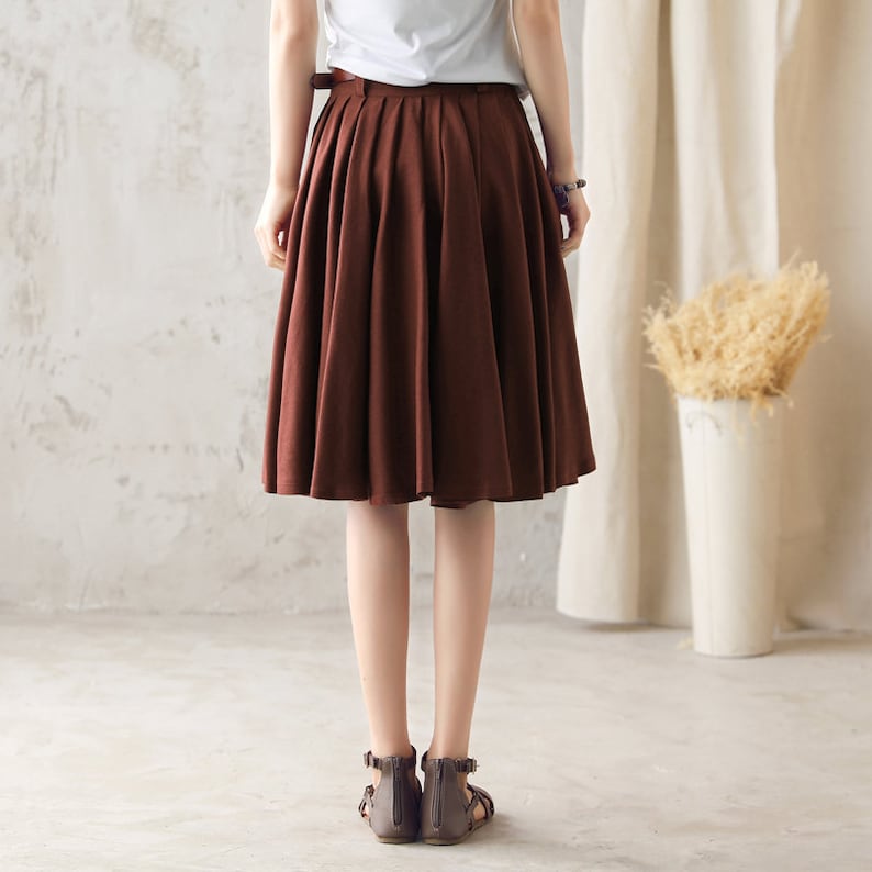 Women Pleated Circle Knee Length Linen Skirt, Swing Midi Skirt, A Line Flare skirt, Brown skirt, Vintage Summer skirt, Custom Skirt 2589 image 5