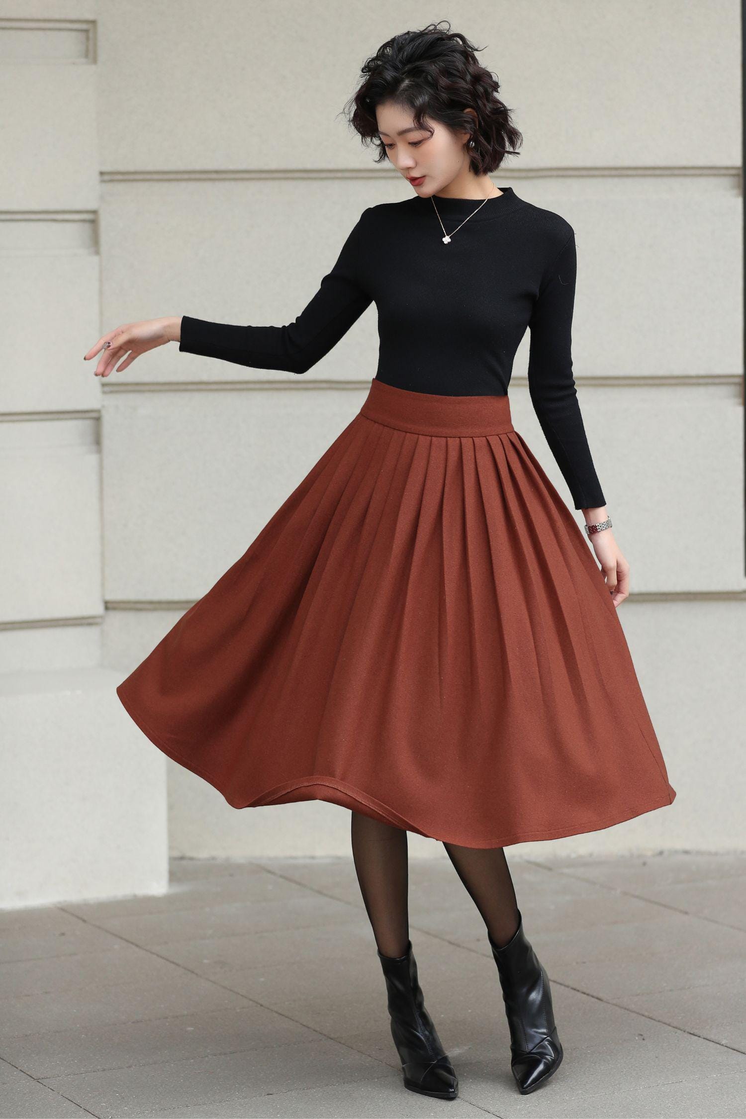 Rust Wool Blend Midi Skirt: High Waist Pleated A-line Winter Skirt