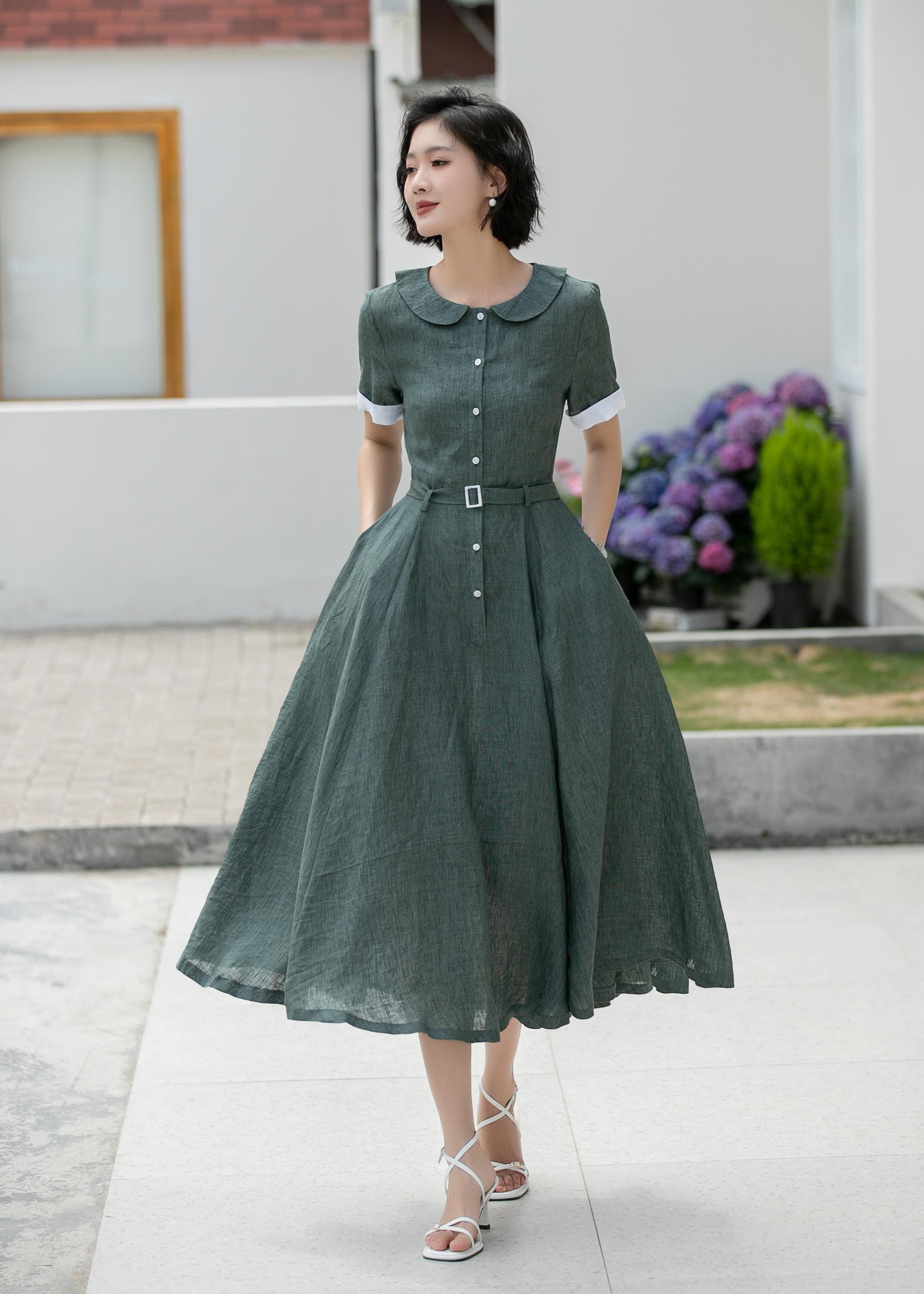 Dark Green Linen Dress, Midi Shirt Dress, Fit and flare Linen Dress, Swing Long Linen Dress, Womens Summer Spring Linen Dress, Xiaolizi 5988