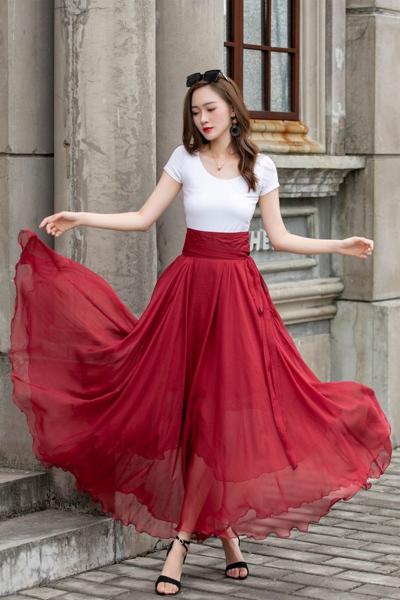Red Summer Swing Chiffon Maxi Skirt, Circle Long Chiffon Skirt for Women,  Flowy Pleated Long Skirt, Belted Chiffon Skirt, Mod Clothing 4293 - Etsy