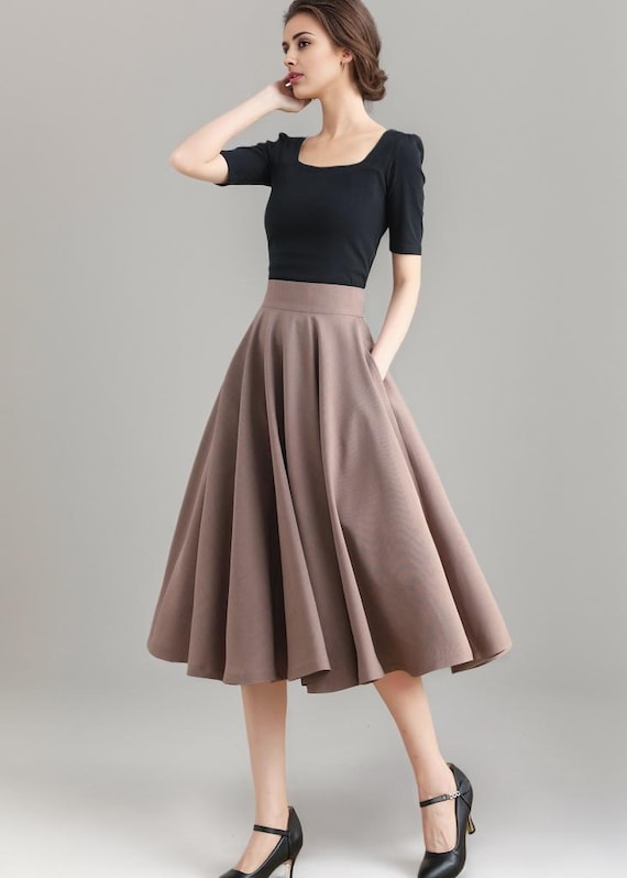 新入荷 A Skirt, Linen Swing Khaki Line Waist High Skirt, Full スカート