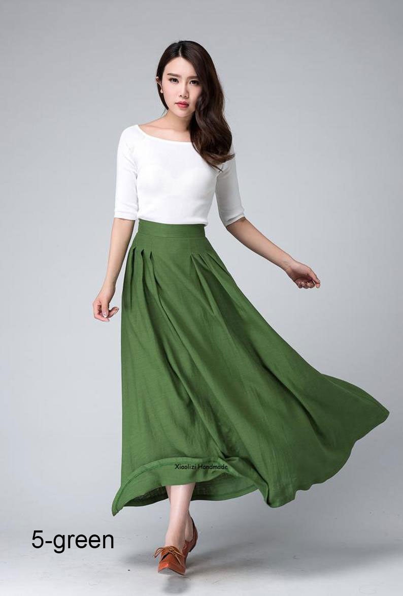 Pleated maxi skirt Long linen skirt Blue skirt linen skirt 5-green