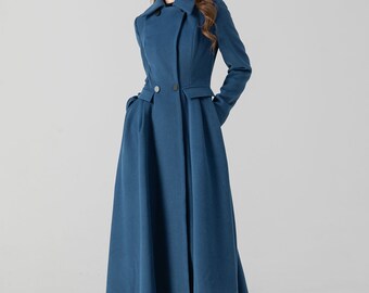 Wool Coat, Blue Midi Wool Coat, Long Wool Coat, Swing Wool