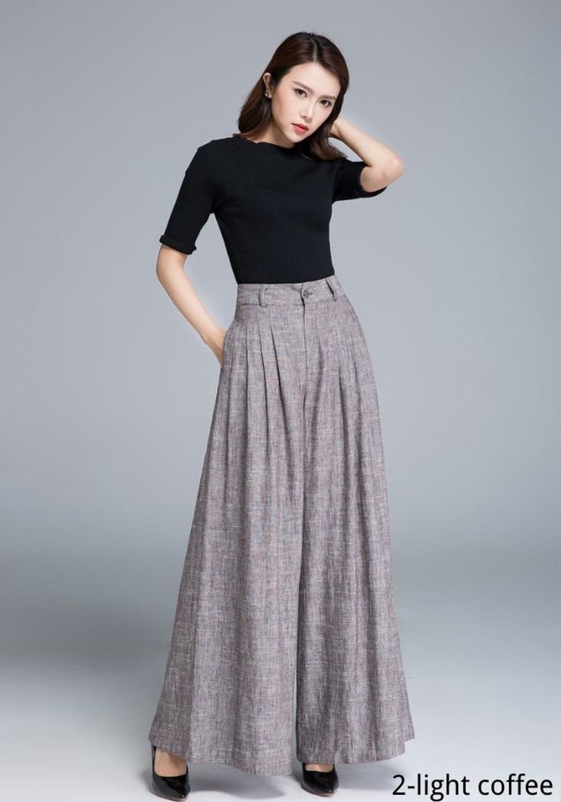 Women's Pleated High Waisted Wide Leg Pants, Belted Palazzo Trousers, Grey Linen pants, Long linen pants, women linen pants, Xiaolizi 0308 2-Light Coffee-1670