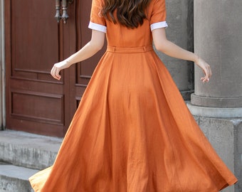 【Papier】Linnen gown/orange Terracotta Dress. Orange Dress. Maxi Dress. Full Length