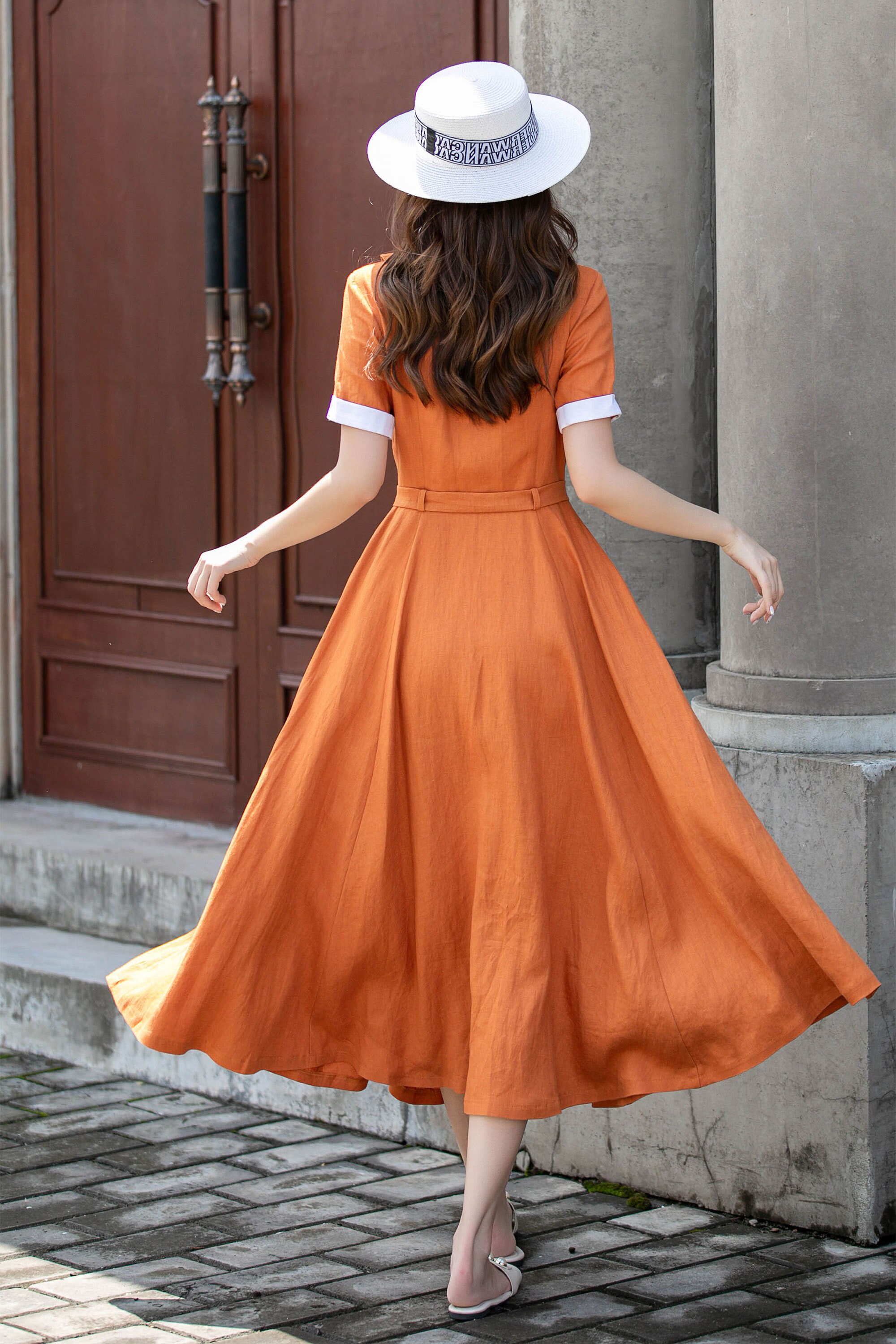 Orange Linen Dress, Linen Midi Shirt Dress, Fit and Flare