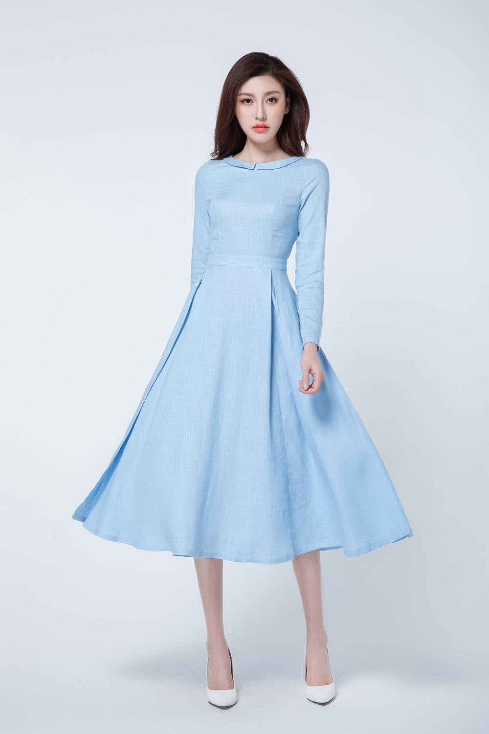 Light Blue Dress, Midi Dress, Pleated Dress, Spring Dress, Long Sleeves Dress, Linen Clothing, Linen Dress Woman, Party Dress 1727 - Etsy Light Blue Dress, Midi Dress, Pleated Dress, Spring Dress, Long Sleeves Dress, Linen Clothing, Linen Dress Woman, Party Dress 1727 - Etsy