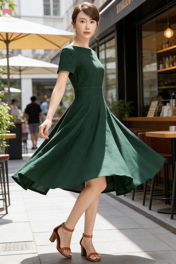 Xiaolizi Dark Green Linen Dress, Vintage 1950s Boat Neck Swing Midi Dress, Fit and Flare Party Dress with Pockets, Custom Size Available 971