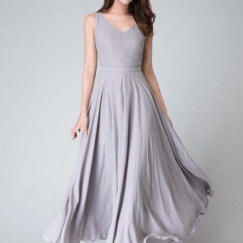 Gray Chiffon Maxi Dress, Sleeveless Fit and Flare, Custom