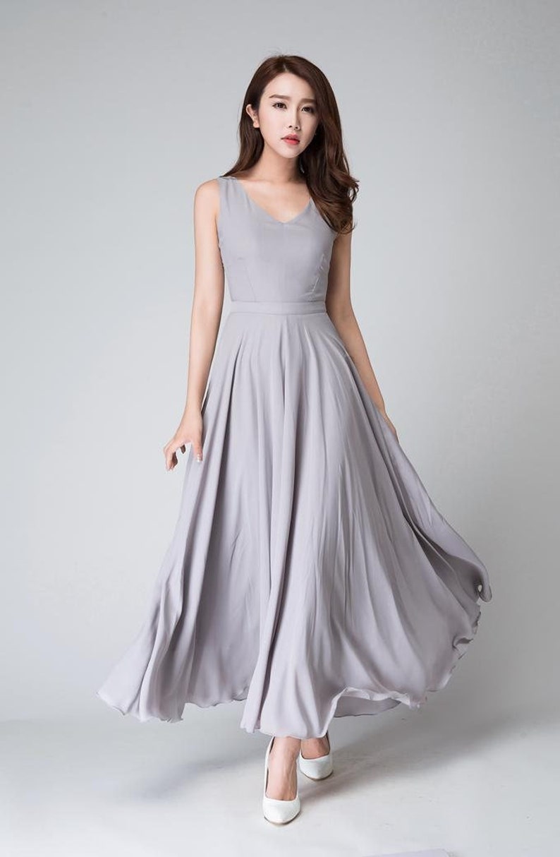 Chiffon dress, Gray dress, Summer dress for women, Sleeveless dress, Maxi dress, fit and flare dress, Bridesmaid dress, Prom dress 1525 1-Gray-1525