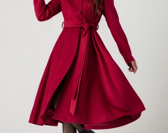 Red Hooded Wool Coat, Women Wool Coat, Swing Midi Coat, Warm