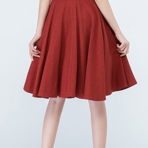 1950s Red Linen Full Circle Skirt, High Waisted Skater Skirt, A Line Midi skirt with Pockets, Flared Swing Skirt, Women's Pleated Skirt 1689 image 5