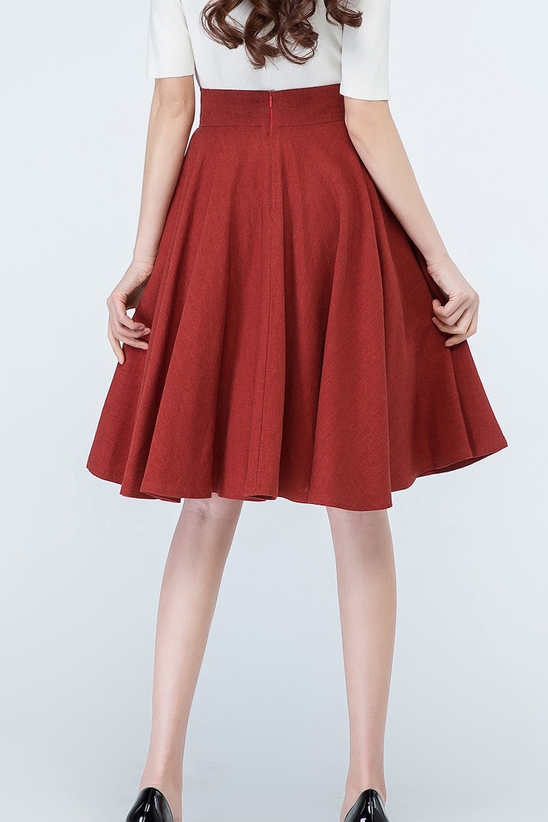 1950s Red Linen Full Circle Skirt, High Waisted Skater Skirt, A Line Midi skirt with Pockets, Flared Swing Skirt, Women's Pleated Skirt 1689 image 5