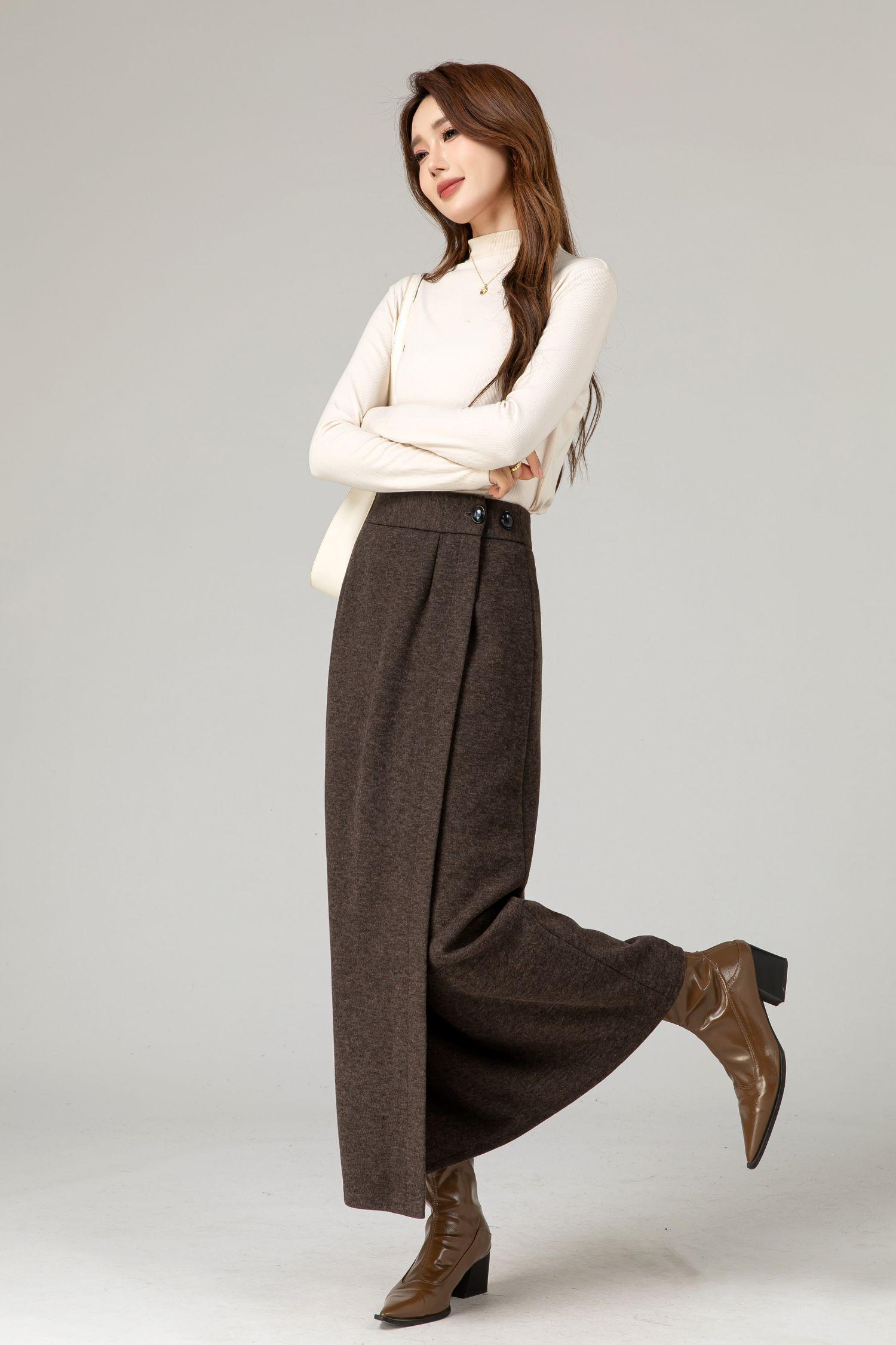 ★ rolarola★ WOOL BLENDED PLEATS SKIRT BROWN 5007370691 Vintage Inspired Long Wool Skirt, Wool Skirt Women, High