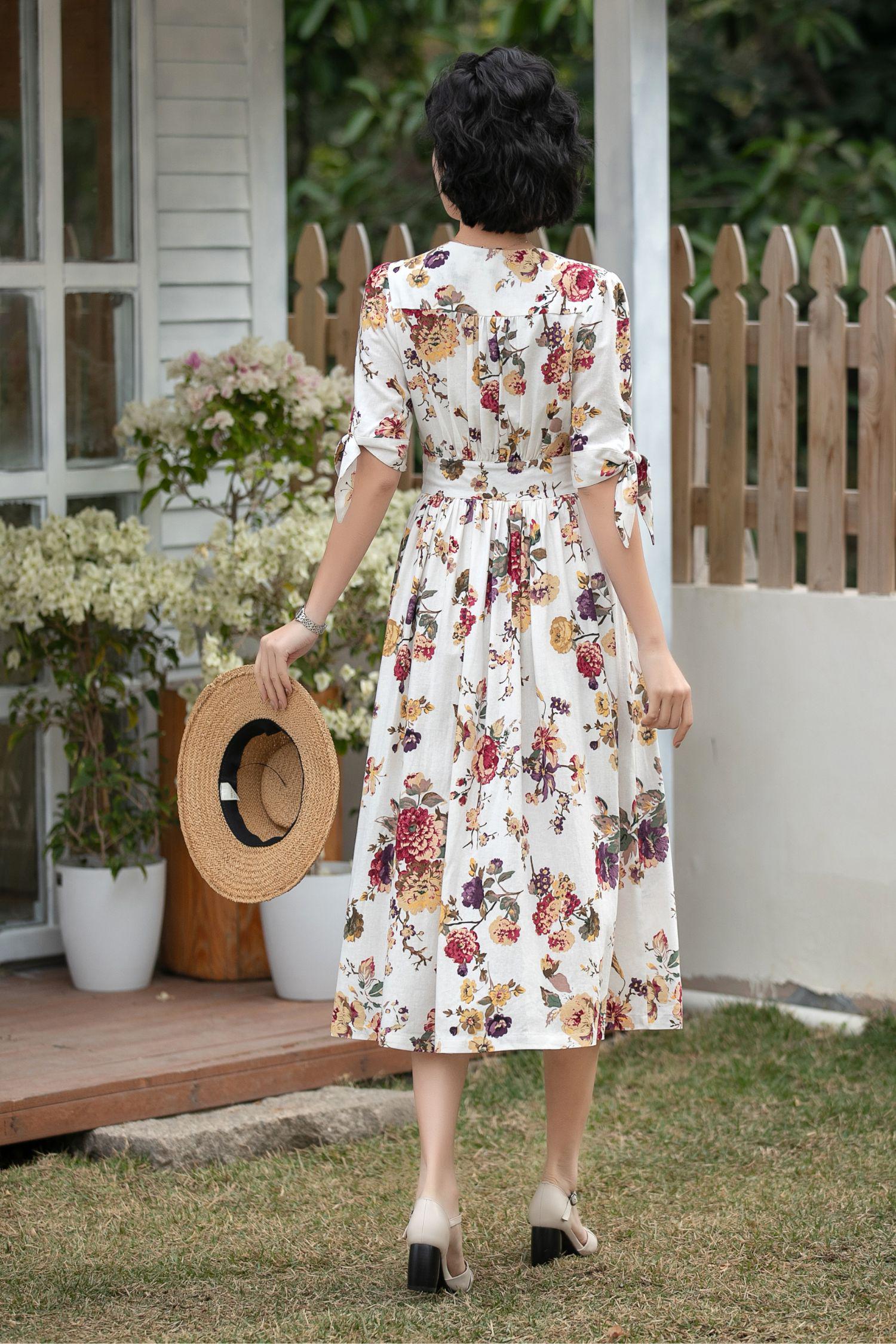 knee length dresses for ladies Floral Midi Dress. Buy Ditsy Cotton Dress Online from Nuichan main image 1
