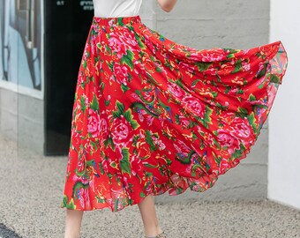 Floral Midi Chiffon Skirt Women, Elastic Waist Long Skirt, Swing Skirt, Circle Skirt, Summer Skirt, Plus Size Maxi Skirt, Dance Skirt 4281