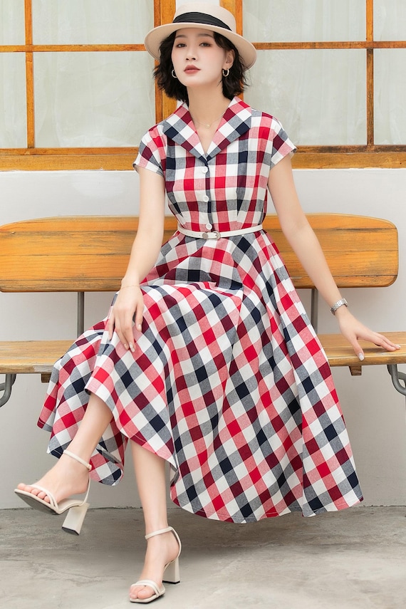 knee length dresses for ladies Plaid Jo linen Dress with long sleeves – LittleWomenAtelier main image 1