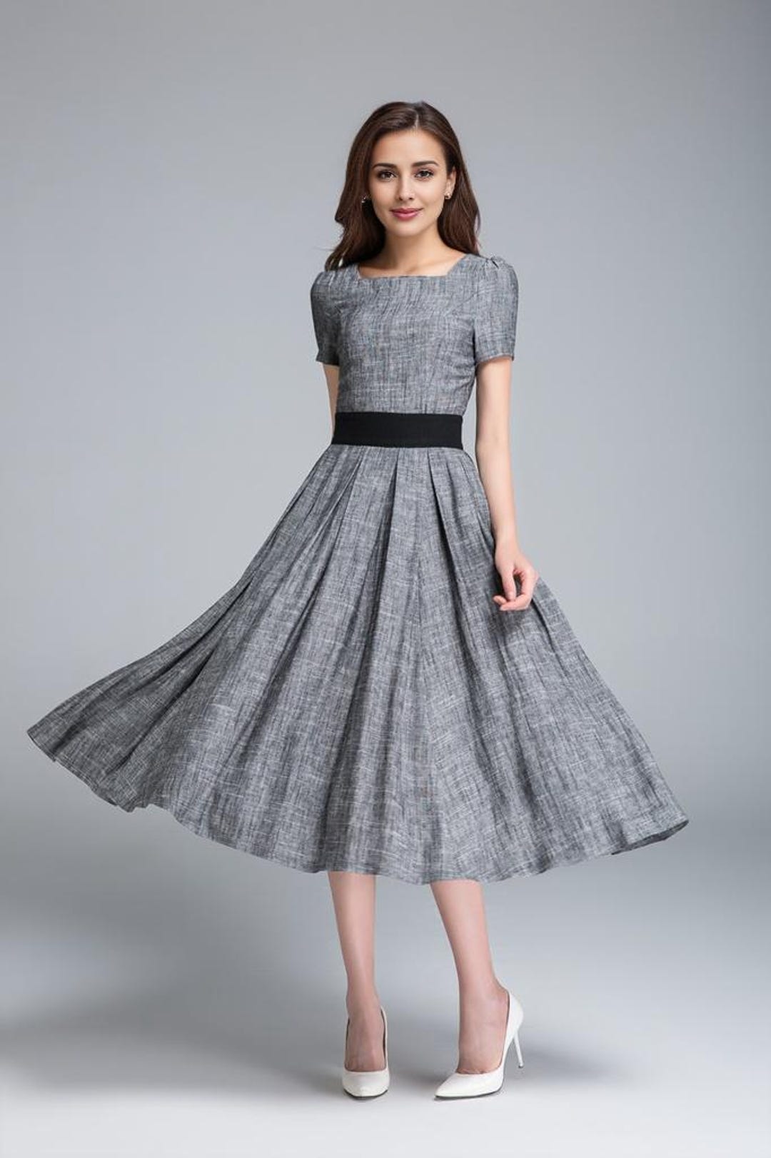 Grey Linen Dress, Pleated Dress, Fit and Flare Dress, Ladies Grey Linen Dress, Pleated Dress, Fit and Flare Dress, Ladies