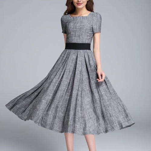 Grey Linen Dress, Pleated Dress, Fit and Flare Dress, Ladies Dress, Party Dress, Square Neck Dress, Classic Dress, Summer Dress 1762#