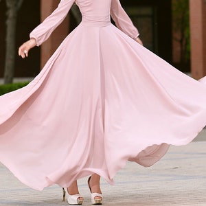 Chiffon dress, Pink dress, Long sleeve Bohemian Swing Chiffon dress, Women Summer spring Fit and Flare Chiffon Maxi dress, Custom dress 2623 image 7